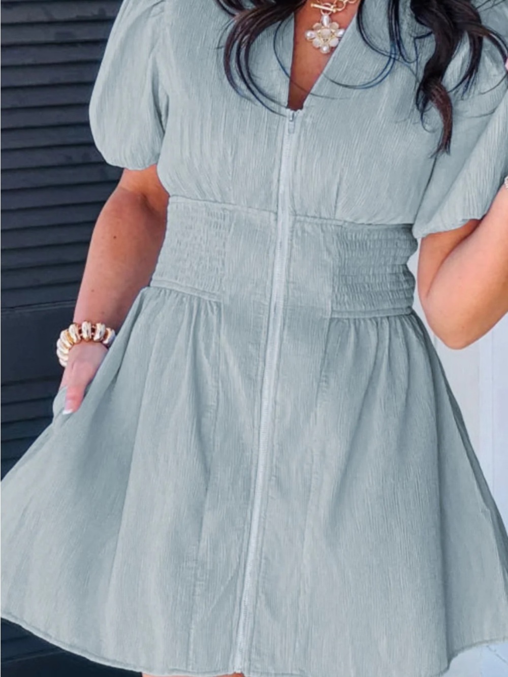 Sage Puff Sleeve Smocked Waist Mini Dress